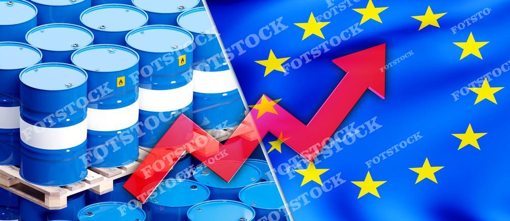 Синие бочки с нефтью на фоне флага Европейского Союза с графиком роста цен. Фотография символизирует увеличение стоимости нефтяных ресурсов и его влияние на экономику стран ЕС.
